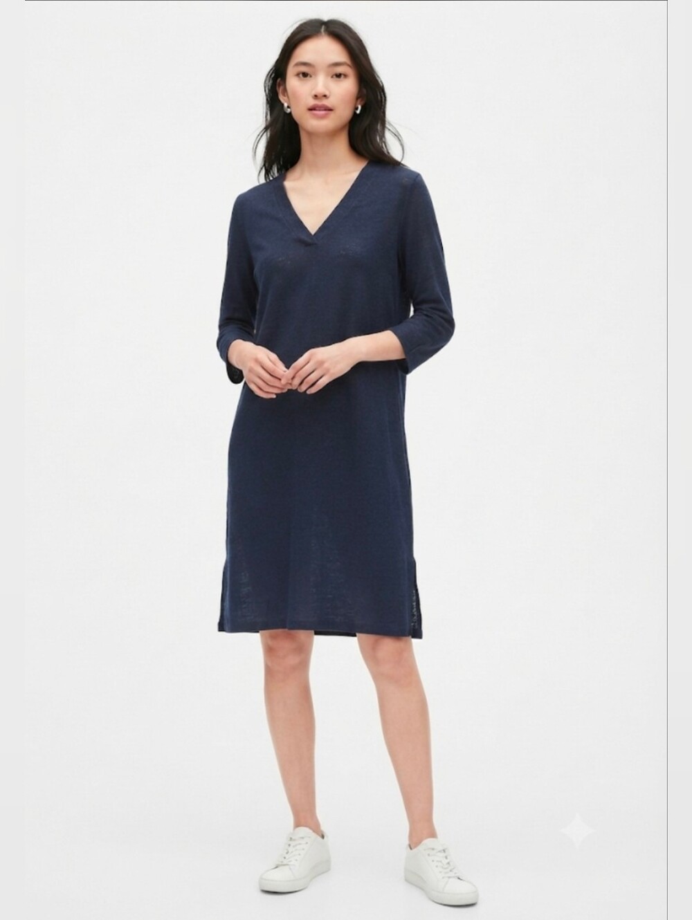 J. Jill Navy V-Neck Relaxed Shift Linen Dress Size L